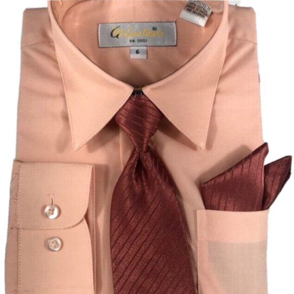 Gian Mario Boys Peach Dress Shirt Clip-on Brown Striped Tie Hanky Set Size 6 - Picture 2 of 3